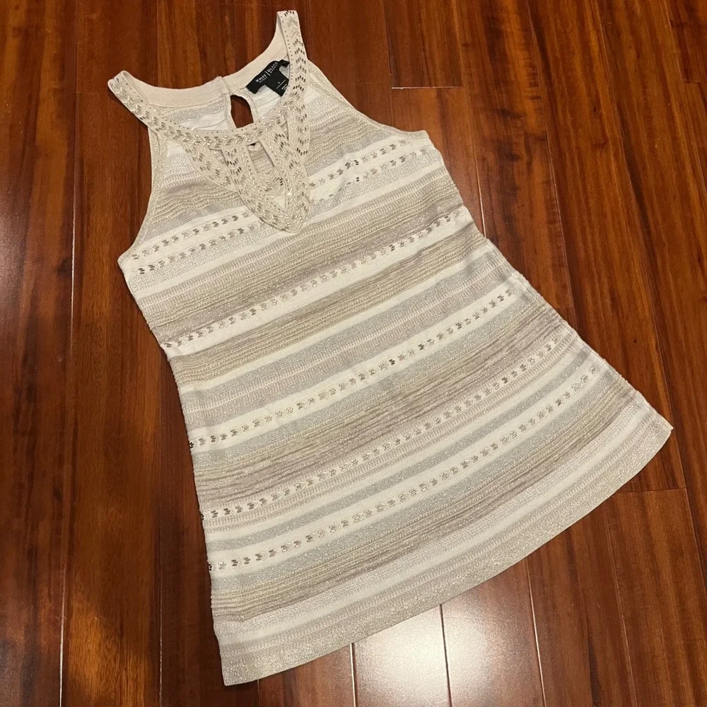 WHBM Knit‎ Tank Top White House Black Market Beaded Beige Metallic Stripe Small